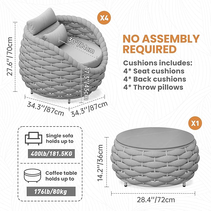 Erotr Front Porch Furniture Set: 5 Pieces Aluminum Patio Conversation Set All Weather - Cushioned Outdoor Sofa Set Assembled - Modern Metal Couch Seating for 400lbs Deck Garden Poolside Hotel - Gray