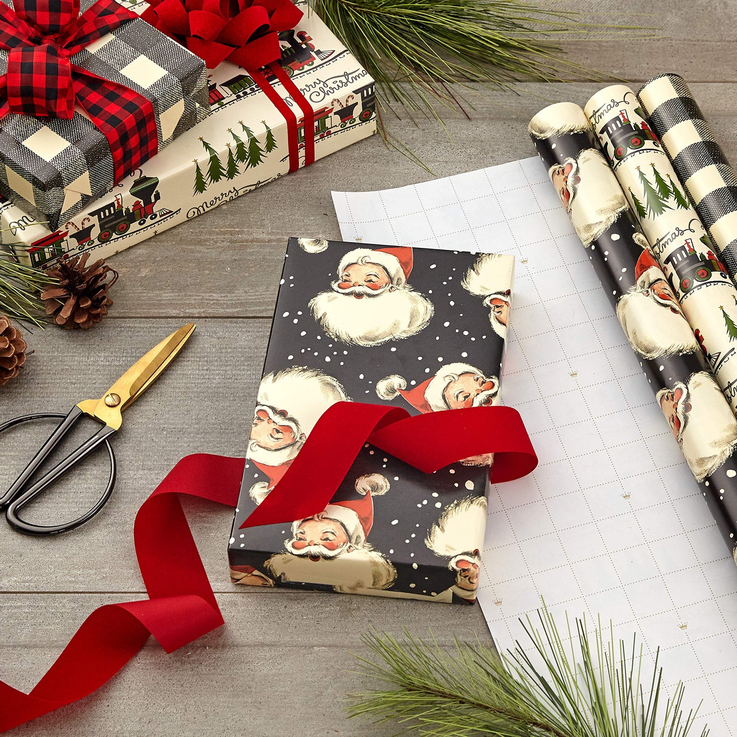 Hallmark Black Christmas Wrapping Paper with Cut Lines on Reverse (3 Rolls: 120 sq. ft. ttl) Retro Santa, Black and White Buffalo Plaid, Train and Trees (0005JXW1077)