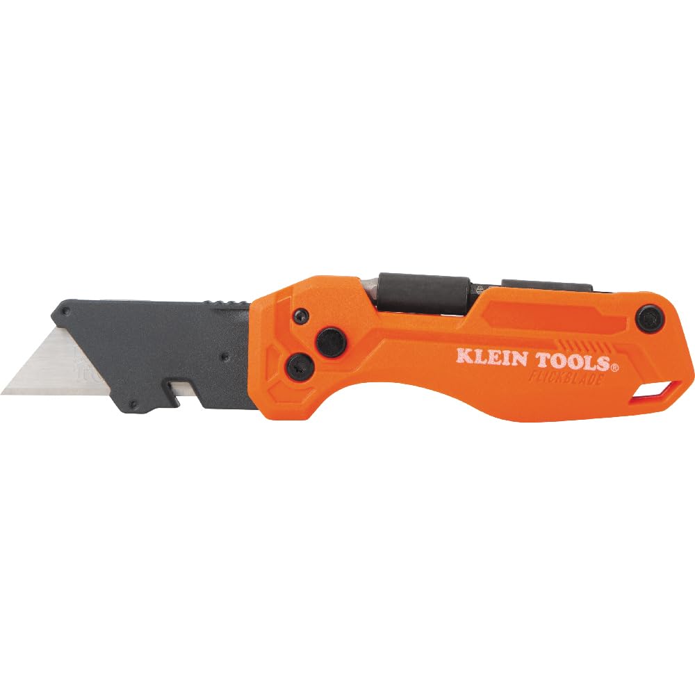 Klein Tools 44304 Folding FLICKBLADE Utility Knife, Compact, Removable Impact Driver, 1/4-Inch Nut Driver and #2 Phillips Bit