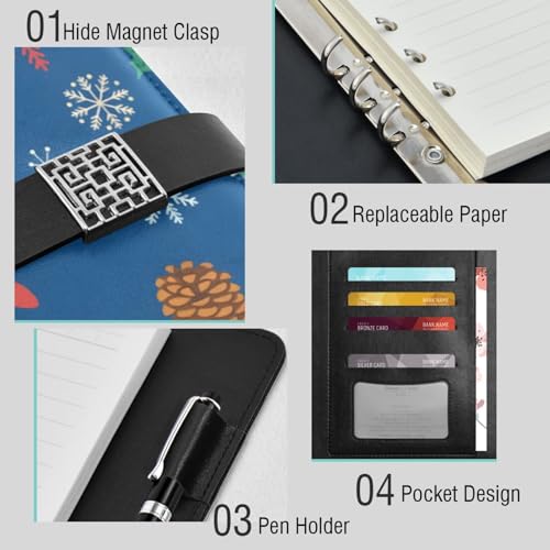 DIGTIA Christmas Pattern with Gifts PU Leather Notebook A5 Binder 6 Ring Refillable Journal with Magnetic Buckle Closure Loose Leaf Travel Office Planner Budget Binder Notepad Portfolio,