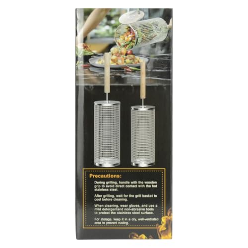 ivtivfu Rolling Grill Baskets, Removable Wooden Handle, 304 Stainless Steel, Nesting Grilling Net, BBQ Accessories Tools for Vegetable Shrimp, Outdoor Cooking Camping, Birthday Gifts for Men Dad Husband