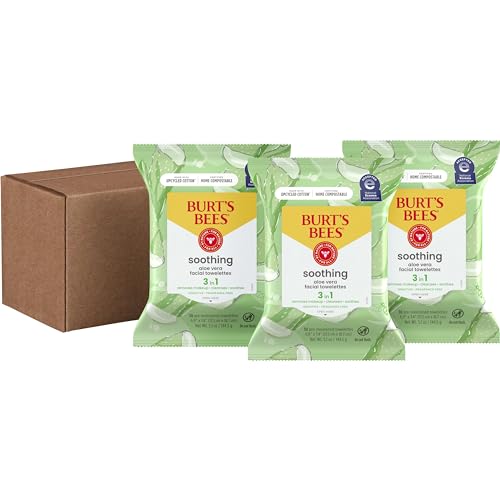 Burt's Bees Back To School Dorm Essentials, Aloe Vera Face Wipes, for Sensitive Skin, Soothing Makeup Remover & Facial Cleansing Towelettes, 30 Ct. (3-Pack)