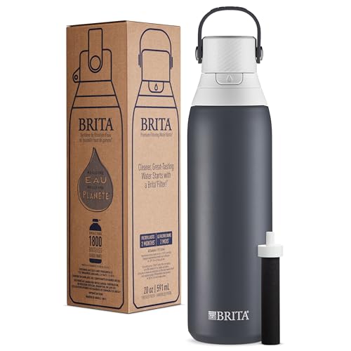 Brita Insulated Filtered Water Bottle with Straw, Reusable, Christmas Gift and Stocking Stuffer For Men and Women, Stainless Steel Metal, Carbon, 20 Ounce
