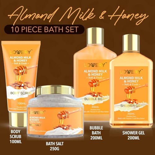 Gifts for Women Gift Basket for Women - 10 Pc Almond Milk & Honey Beauty & Personal Care Set - Home Bath Pampering Package for Relaxing - Spa Self Care Kit - Thank You, Birthday, Mom, Anniversary Gift