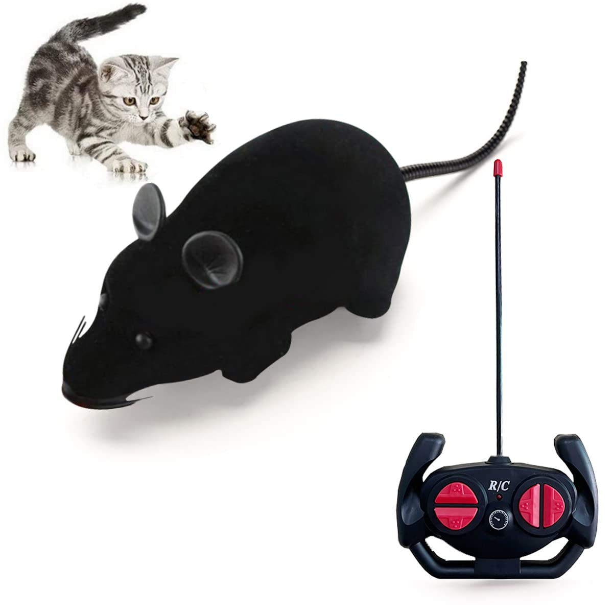 Giveme5 Remote Control Fake Rat Realistic Mouse Cat Toy Mice RC Toy Cat Mice Animal Interactive Toy Figures Cat Running Wheel Wireless Chasing Prank Joke Scary Trick Rats for Cat Funny Toy (Black)