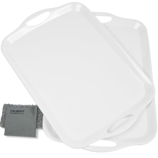 Czlizdyt Large Melamine Serving Tray with Handles, 17.5 x 12 in Rectangular Melamine Serving Platter, Dishwasher Safe Trays for Eating, Appetizer, Charcuterie, Snack, Fruit, Desserts, Set of 2, White