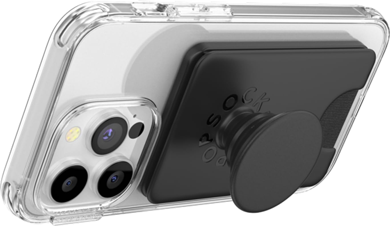 PopSockets Phone Wallet with Expanding Grip and Adapter Ring for MagSafe, Phone Card Holder, Wireless Charging Compatible, Wallet Compatible with MagSafe - Black