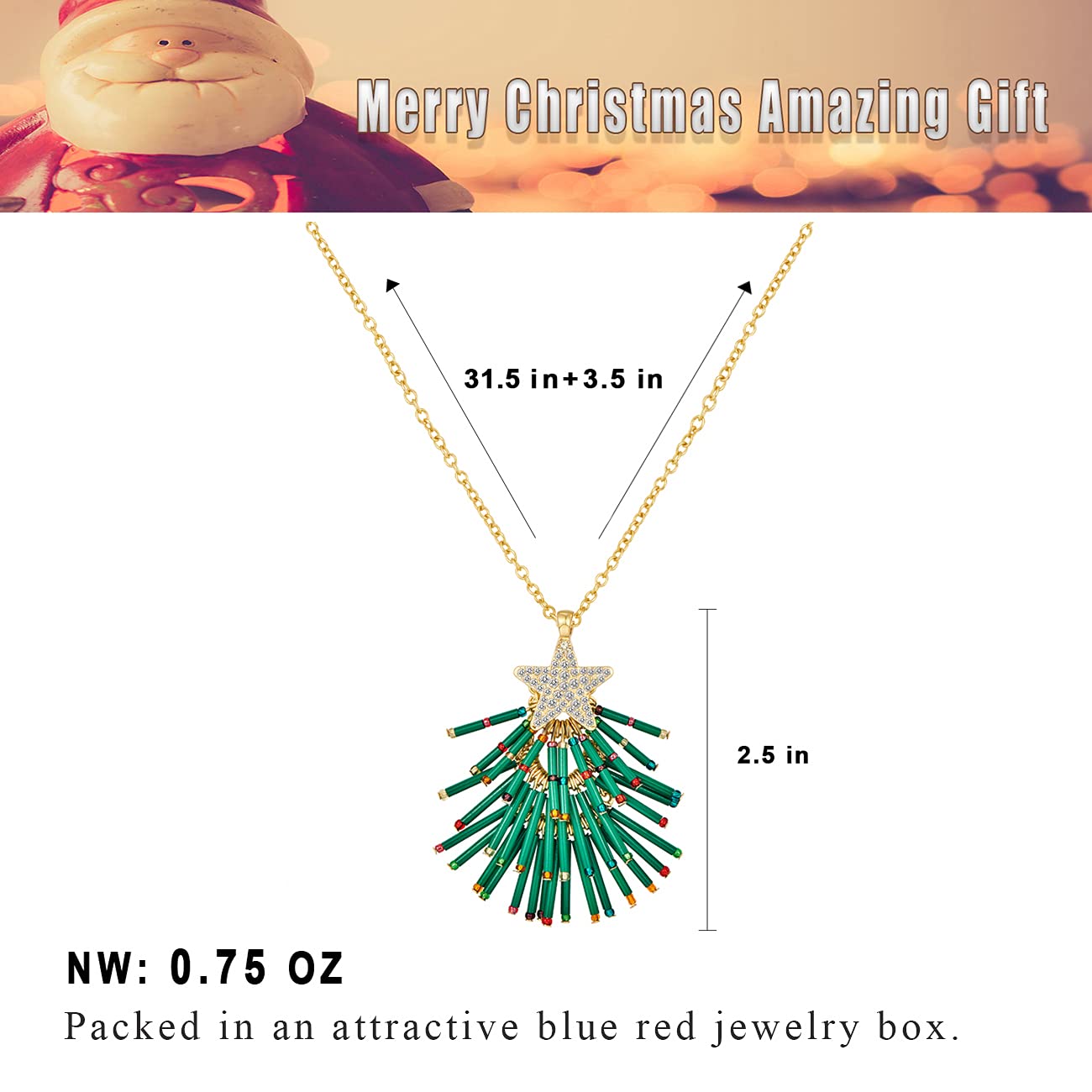 CLASSYZINT Christmas Necklace For Women Long Christmas Tree Pendant 14k Gold Plated Alloy Cute Holiday Necklace Sweater Chain Statement Christmas Gifts…