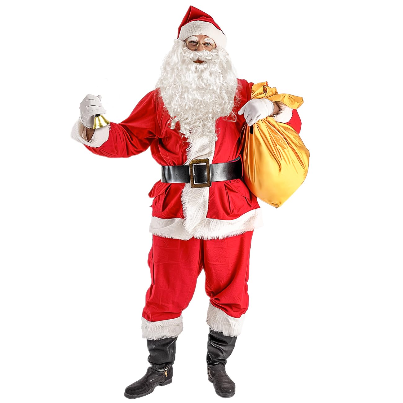 MOVINPE Santa Claus Beard and Wig Set for Adult Men Santa Costume Accessories, Beard Wig Eyebrows Hat Glasses Gloves Satin Gift Bags Hand Bell, Perfect for Holiday Celebrations Parties Festive Events