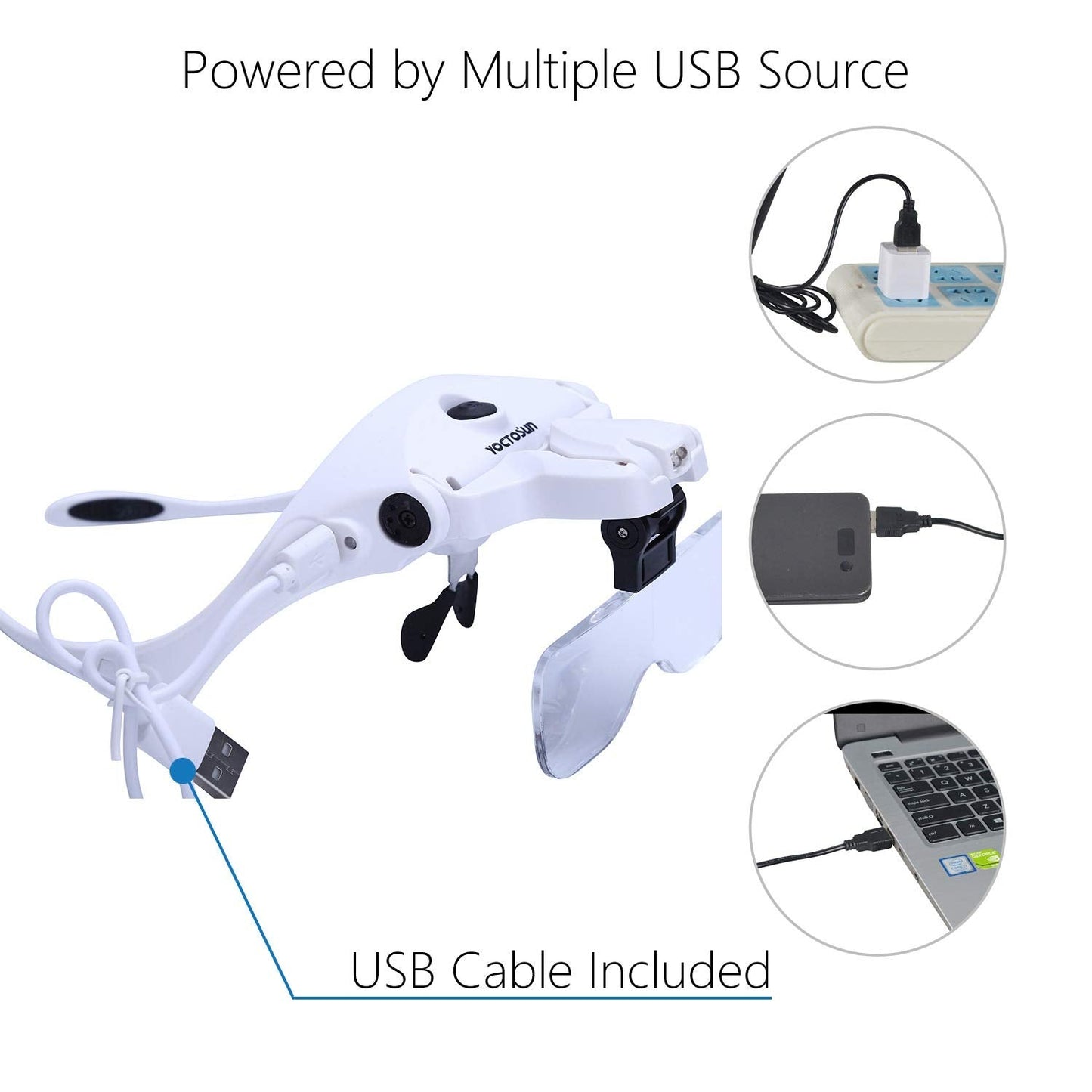 YOCTOSUN LED Head Magnifier, Rechargeable Hands Free Headband Magnifying Glasses with 2 Led, Professional Jeweler's Loupe Light Bracket and Headband are Interchangeable