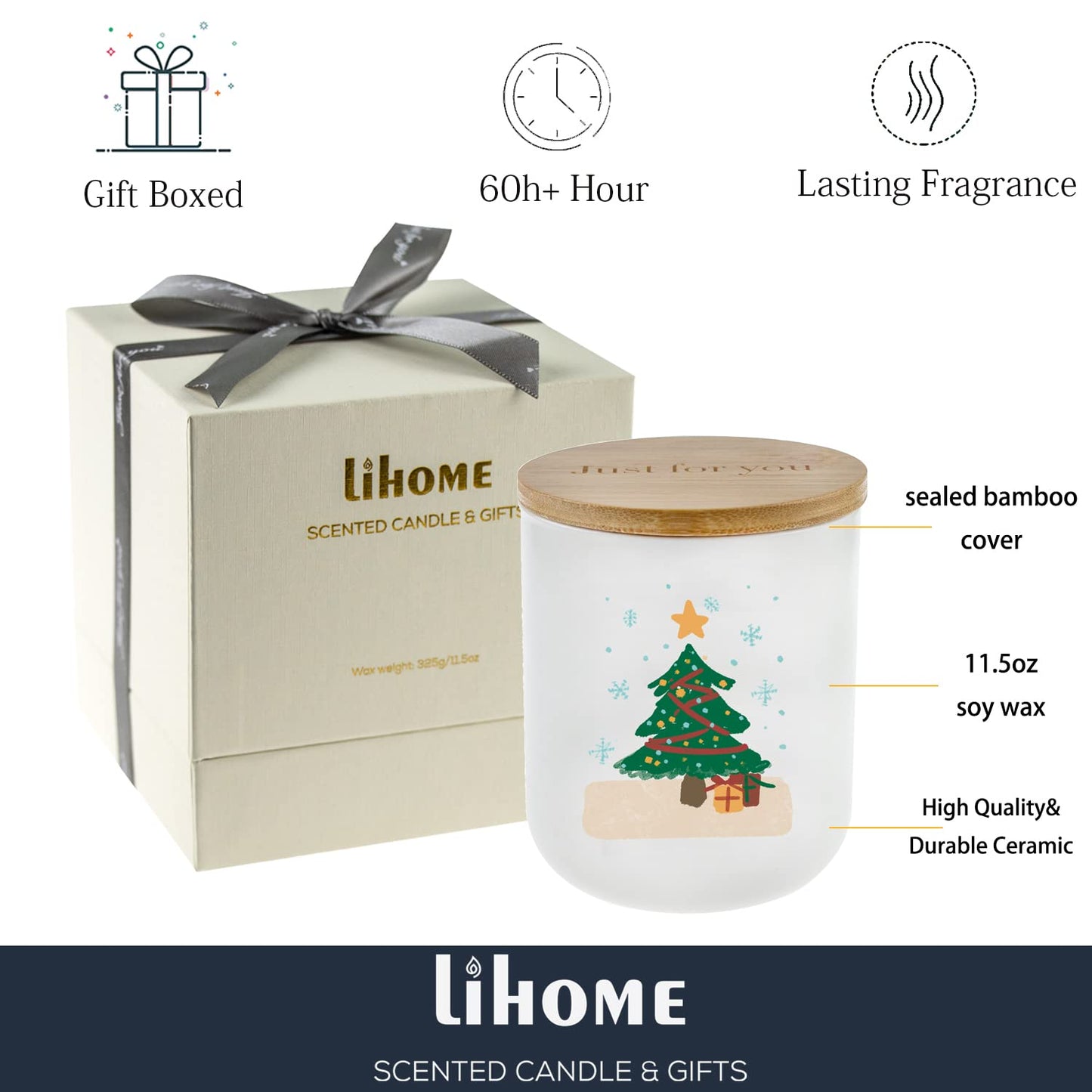 Lihome Christmas Candles - Christmas Gifts for Women Men, Candles for Home Scented, Handmade Ceramic Jar 11.5oz Natural Soy Wax(Christmas Vanilla Coconut)