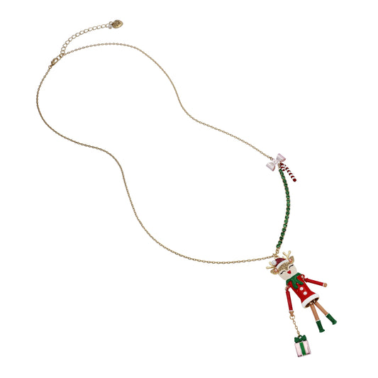 Betsey Johnson Womens Jingle Bell Bling Christmas Reindeer Pendant Necklace
