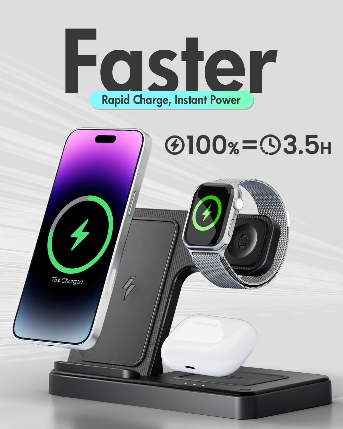 Wireless Charger iPhone Charging Station: 3 in 1 Charger Stand Multiple Devices for Apple - iPhone 16e 16 15 14 Pro Max 13 12 11 - Watch 10 9 8 7 6 5 4 3 2 SE and Ultra Series - Airpods 4 3 2 Pro