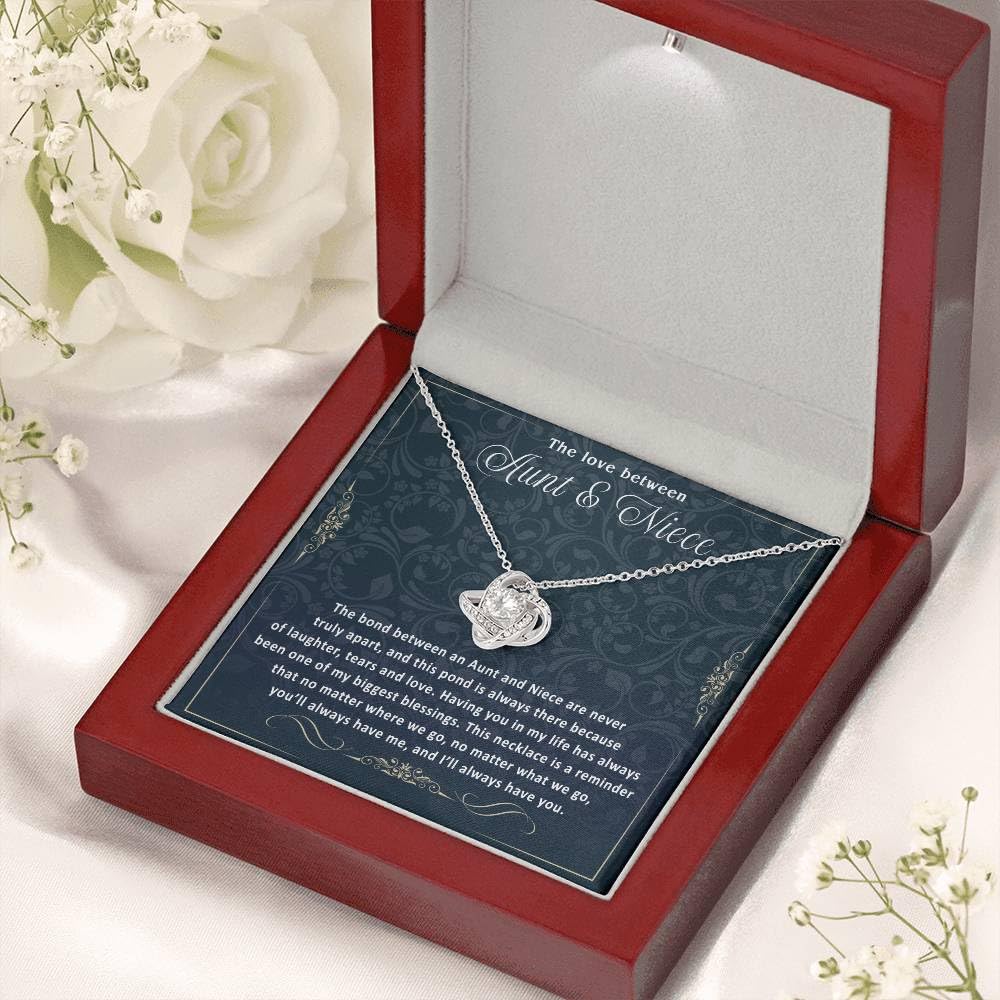VIRAGIL Aunt Gifts from Niece, Gifts for Niece from Aunt, Aunt and Niece Gifts, Sterling Silver Love Knot Necklace, Mahogany Luxury Gift Box, Aunt Birthday MothersDay Gifts, Christmas Gifts, Card 1