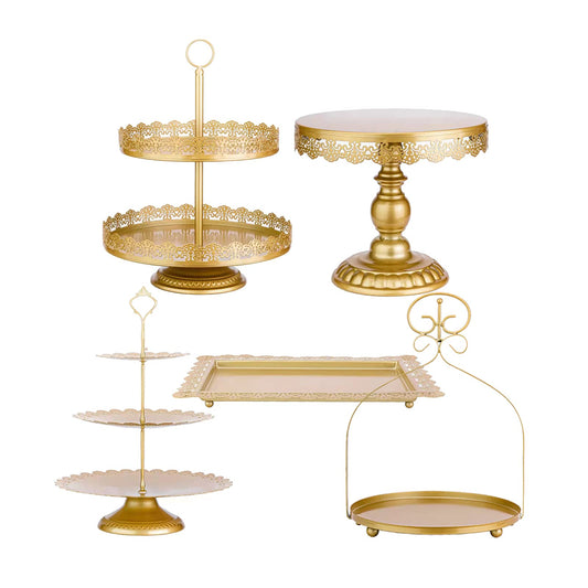 ZUMELER Gold 5Pcs Cake Stands Set Metal Round Cupcake Holder Cookies Dessert Display Plate Serving Tower Tray Platter with Handl for Baby Shower Wedding Birthday Party Celebration