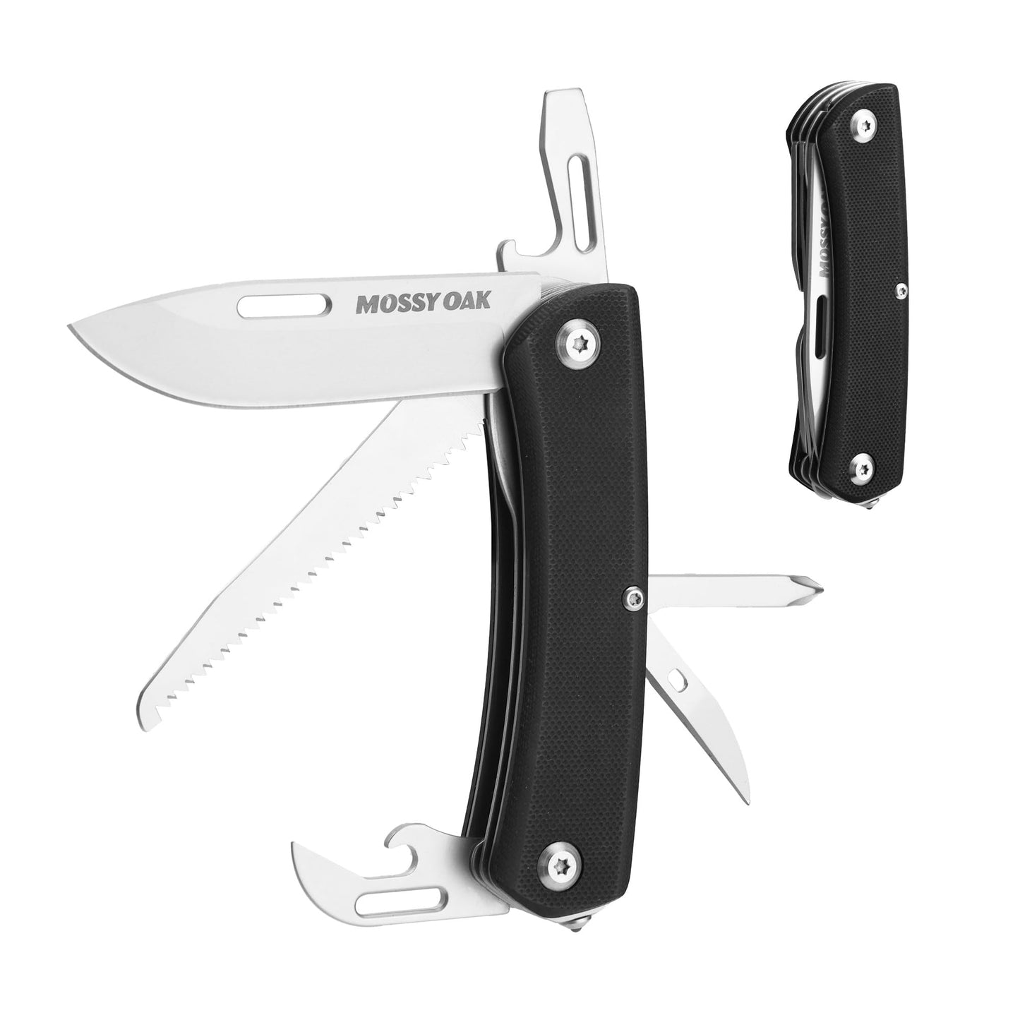 MOSSY OAK Multitool Pocket Knife, 10-in-1 Folding Pocket Knife Multitool with Stainless Steel Blade, Saw, Can Opener, Screwdrivers – EDC Tool for Camping, Hiking, Survival, Father Day Gifts
