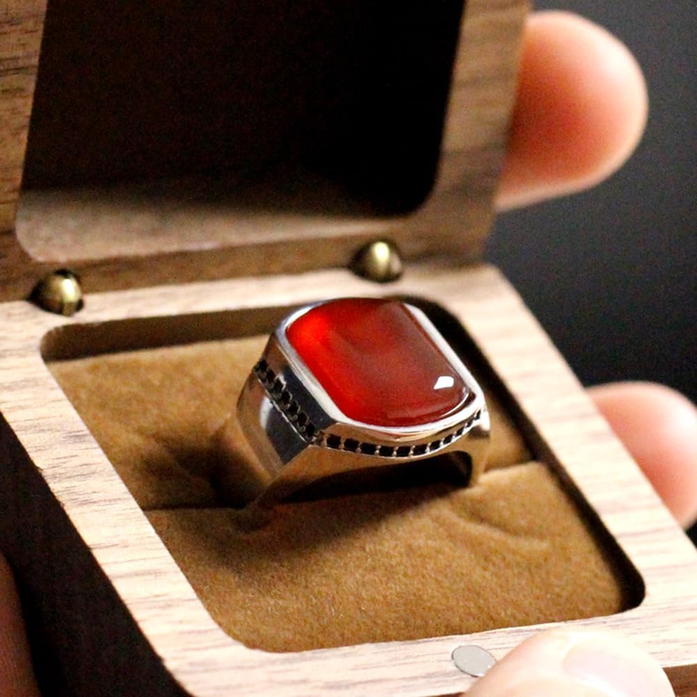 Fashion S925 Silver Ring Simple Smooth Design Men's Ring Set Small Zircon with Natural Curved Black Agate Luxury Türkiye Jewelry Christmas Gift (11, Red)