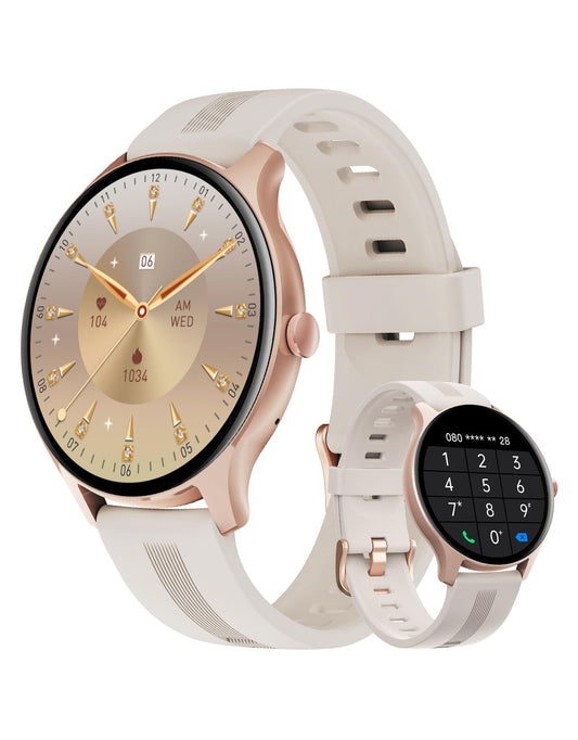 HUAKUA Smart Watches for Women Men (Answer/Make Calls) Compatible with iPhone/Android Phones, Round Smartwatch Fitness Tracker with Heart Rate Monitor Sleep/Steps Tracker Waterproof (Starlight/Gold)