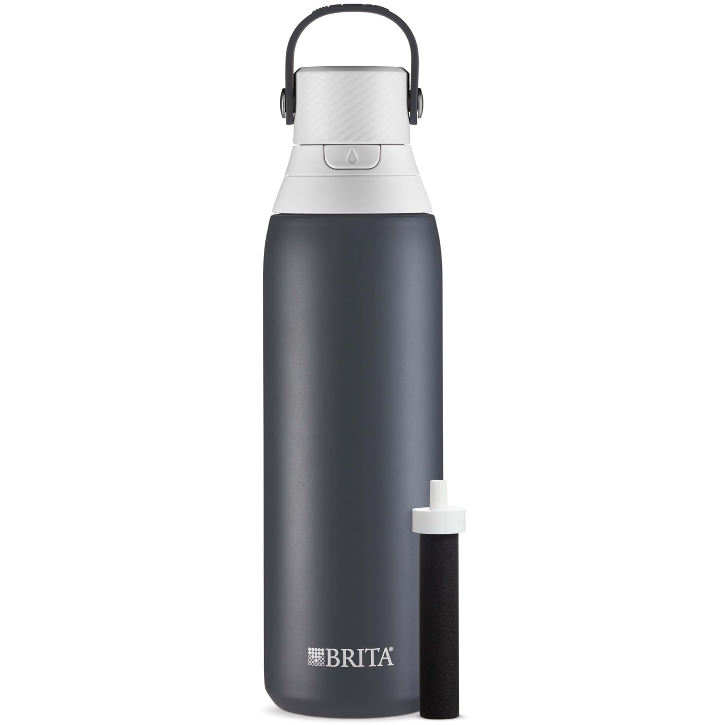 Brita Insulated Filtered Water Bottle with Straw, Reusable, Christmas Gift and Stocking Stuffer For Men and Women, Stainless Steel Metal, Carbon, 20 Ounce