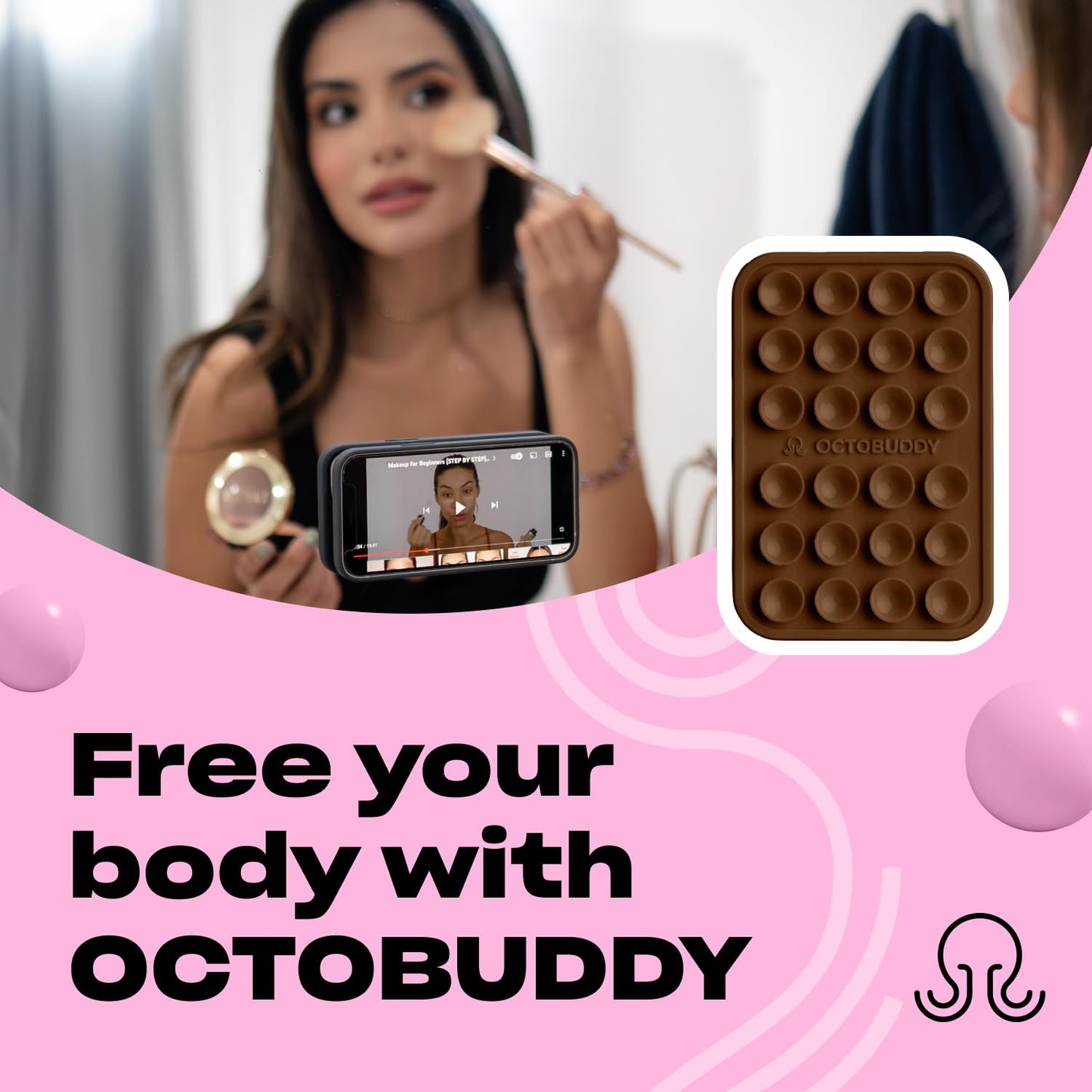 OCTOBUDDY Classic MAX - Silicone Suction Phone Case Adhesive Mount - Hands-Free, Strong Grip Holder for Selfies and Videos - iPhone and Android Compatible - 2.6″ x 3.9″, Chocolate