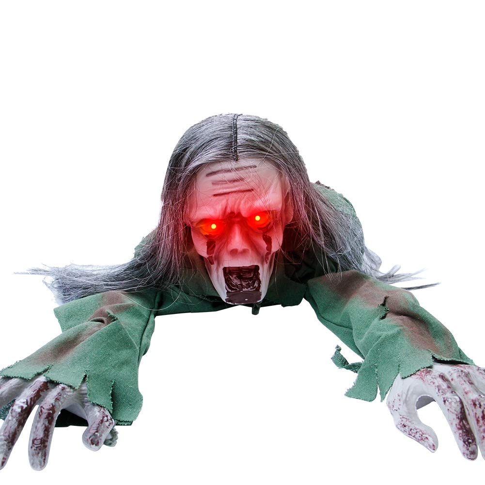 Joliyoou Halloween Decoration, 43.3-Inch Touch & Voice Activated Crawling Zombie, Scary Groundbreak Animated Halloween Zombie Prop for Halloween Outdoor Decor