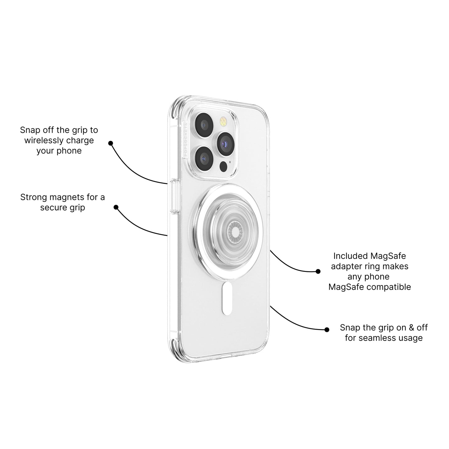 PopSockets Phone Grip for MagSafe with Kickstand, Magnetic Stand, Swappable Top, Secure Hold for iPhone MagSafe Cases, Phone & Tablet Grip - Clear