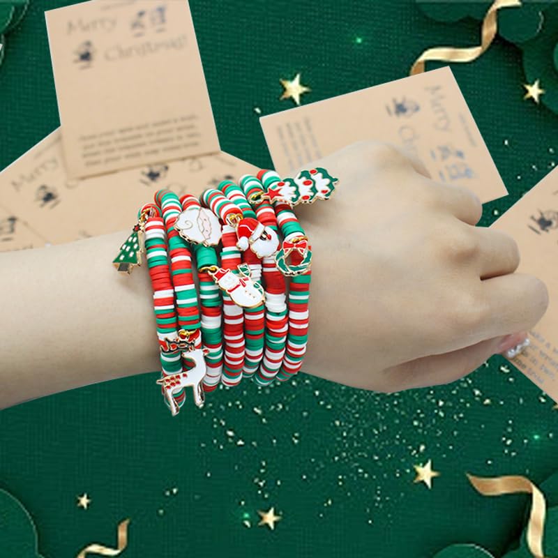 VALIJINA 7 Pcs Christmas Bracelet Set Stretch Bracelets with Christmas card Heishi Surfer Christmas Bracelets bulk bracelets for Women xmas gifts