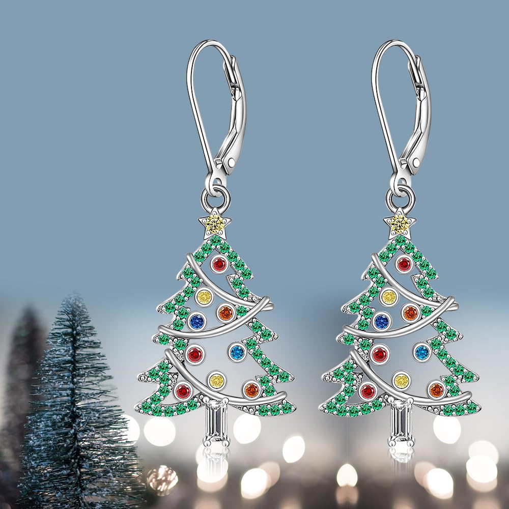 Christmas Tree Earrings Christmas Earrings for Women Sterling Silver Green Xmas Tree Winter Dangle Colorful Jewelry Charms Holiday Birthday Gift