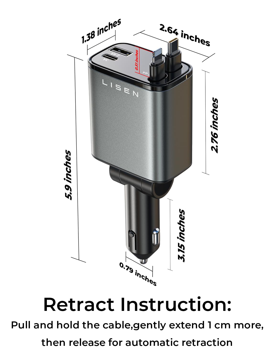 LISEN Retractable Car Charger, 69W USB C Car Accessories Adapter for iPhone 16 USB C Charger Fast Charging,Gifts for Women Men, Travel Essentials, Truck Accessories, for iPhone 16 Pro Max 15 14 13 12