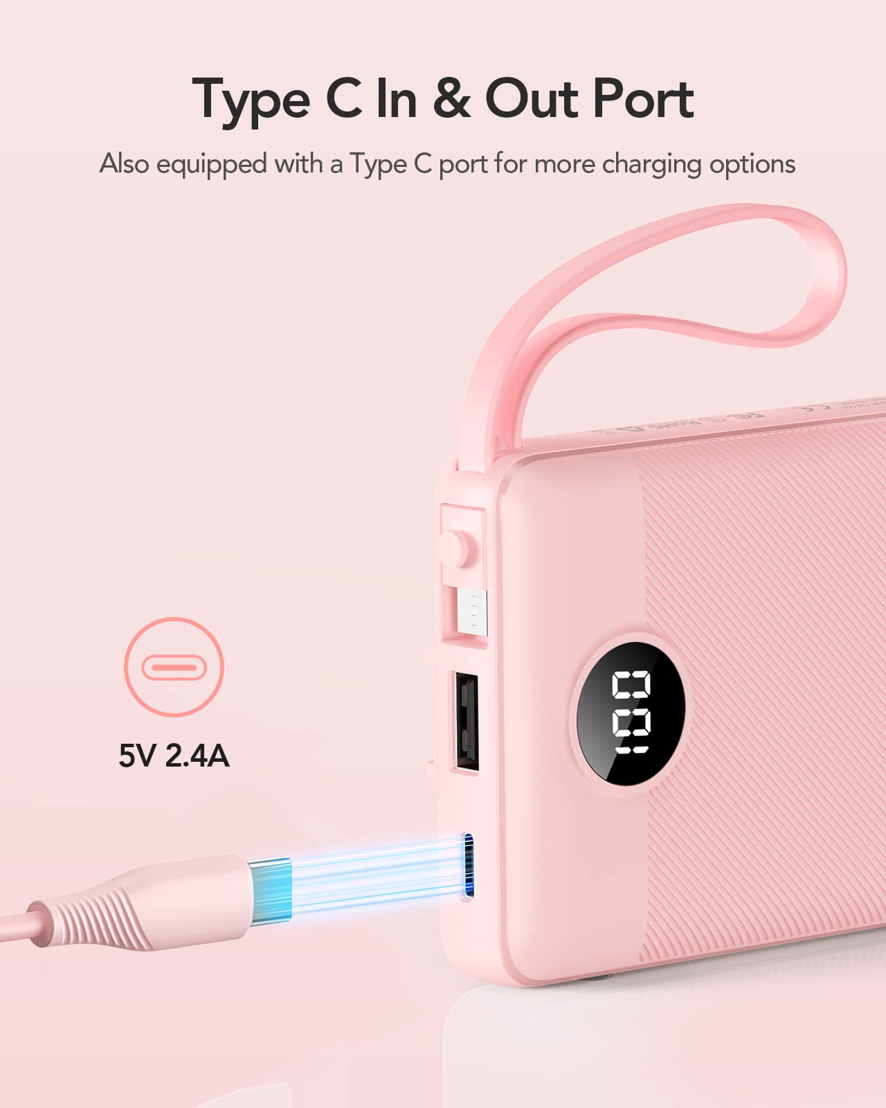 VRURC Portable Charger Power Bank, 10000mAh Travel Essentials Battery Pack, 5 Outputs 2 Inputs Slim Charging Bank Built-in Cables Cords Wires Compatible with iPhone,Samsung,Android-Pink(1 Pack)