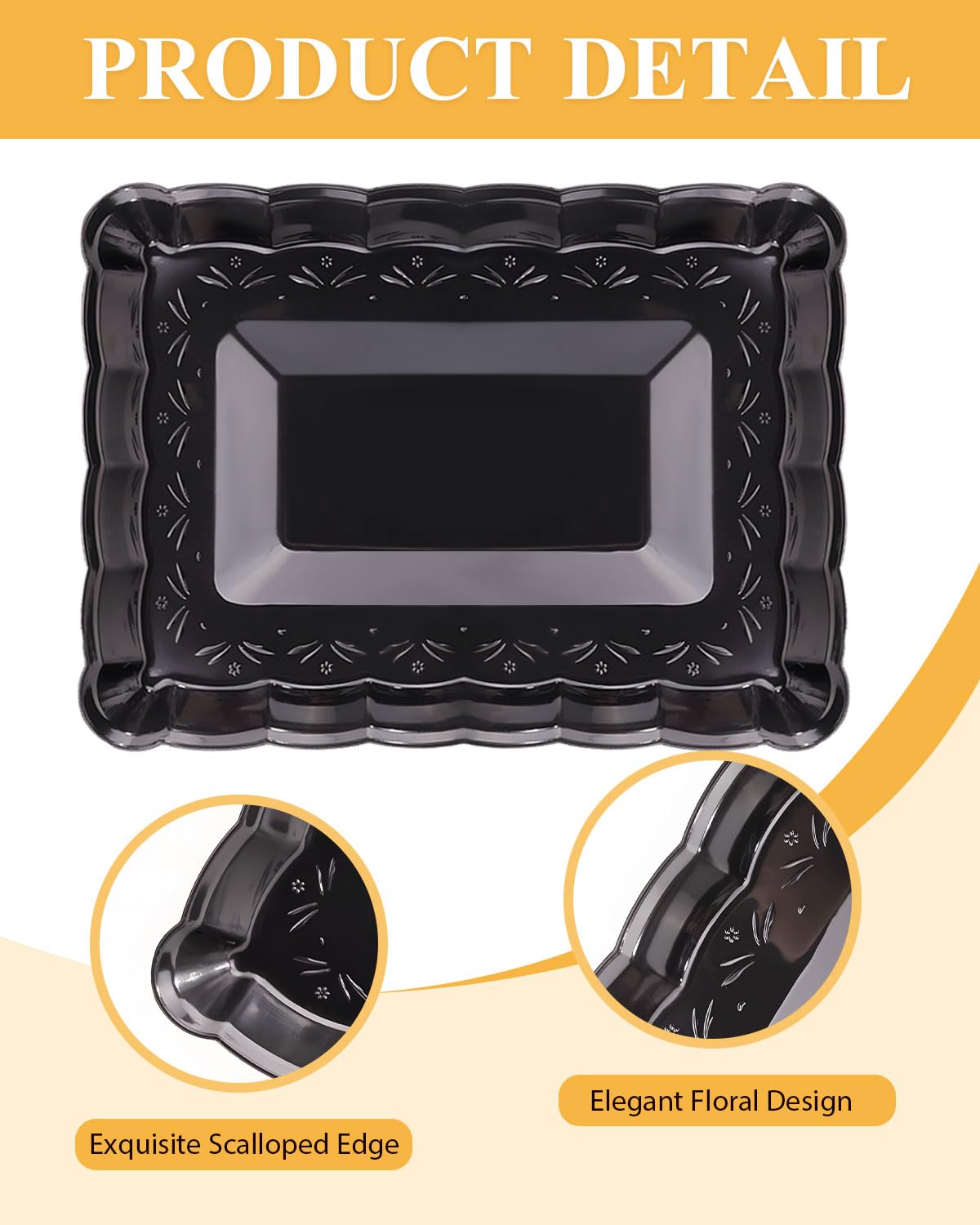 BESTVIP Black Plastic Serving Trays -12 Pack 9x13 Rectangle Flower - Edged Platters for Events, Weddings, Daily Meals, Parties, Snacking, Crafting & Pet Feeding