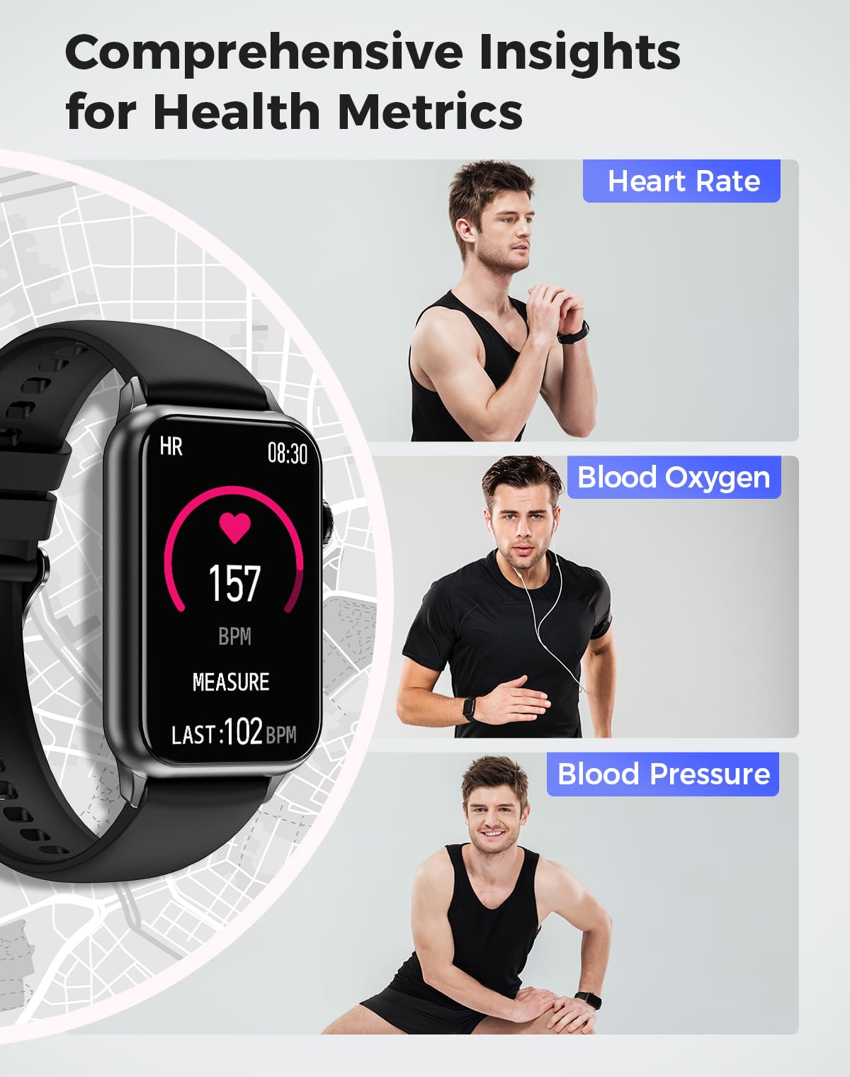 Health Fitness Tracker Smart Watch with 24/7 Heart Rate Blood Oxygen Blood Pressure Monitor Sleep Tracker 128 Exercise Modes Step Calorie Counter Pedometer IP68 Waterproof for Women Men Android iOS