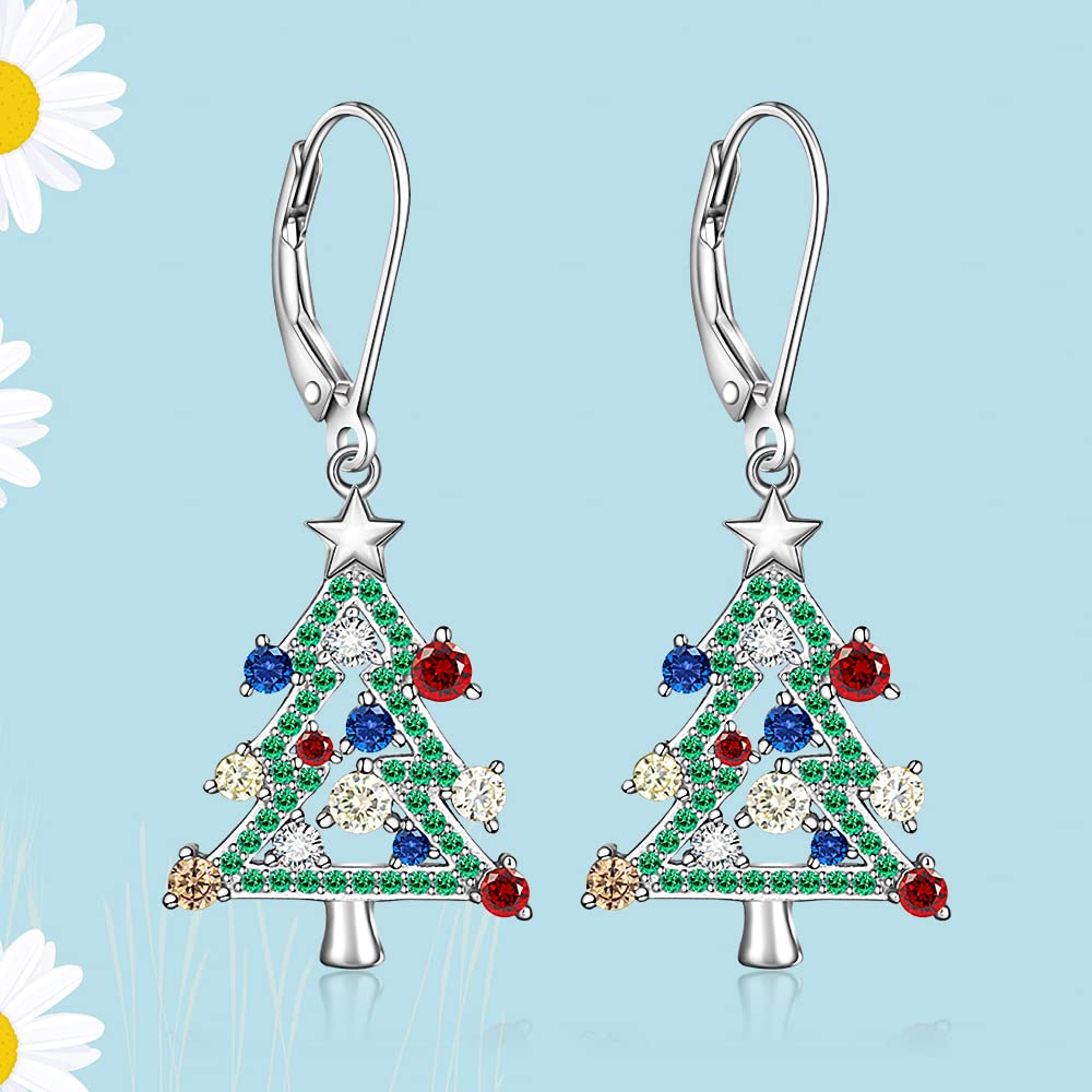 Sterling Silver Christmas Tree Earrings Leverback Dangle Drop Earrings for Women Holiday X-mas Christmas Tree Jewelry