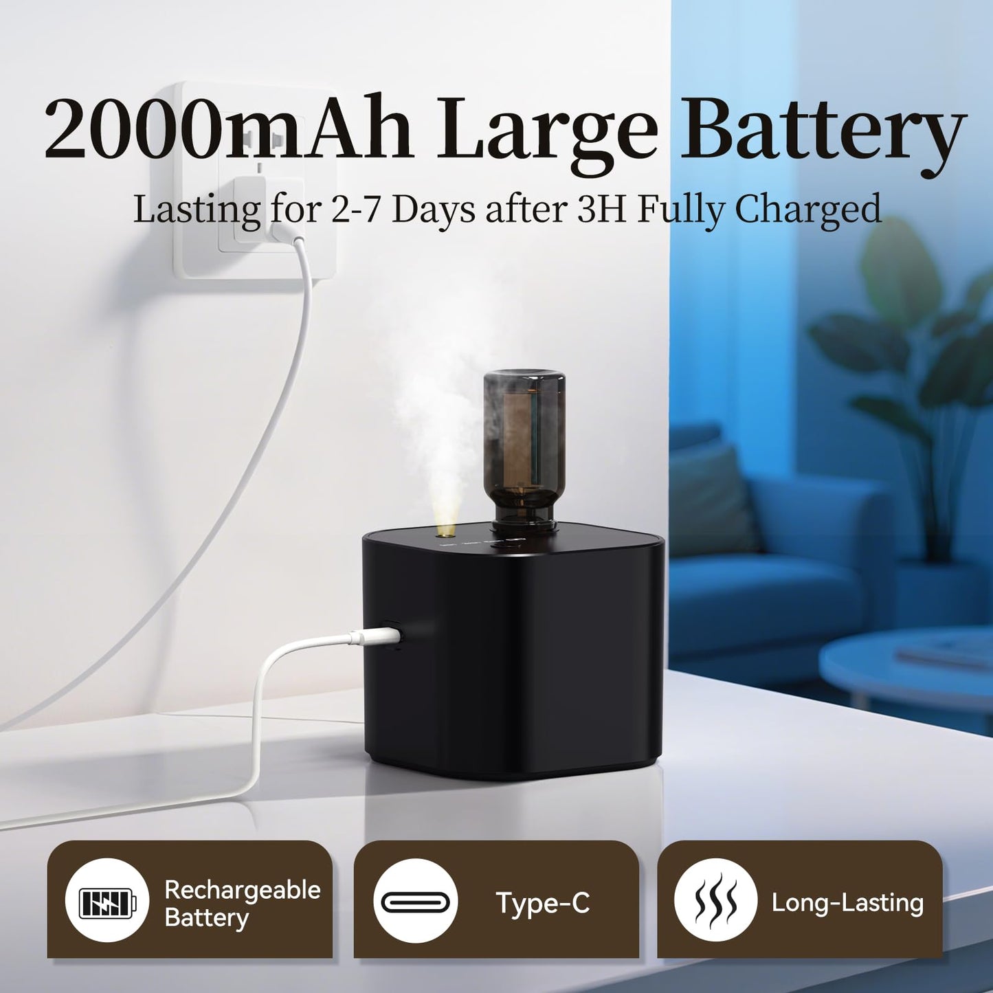 Scent Diffuser Waterless Essential Oil Diffusers with 3 Mist Modes,Cycle Start,Cordless Aroma Air Machine for 200 sq.ft Home/Office/Bedroom,Ultra Quiet,Includes 10ml Oil,Black