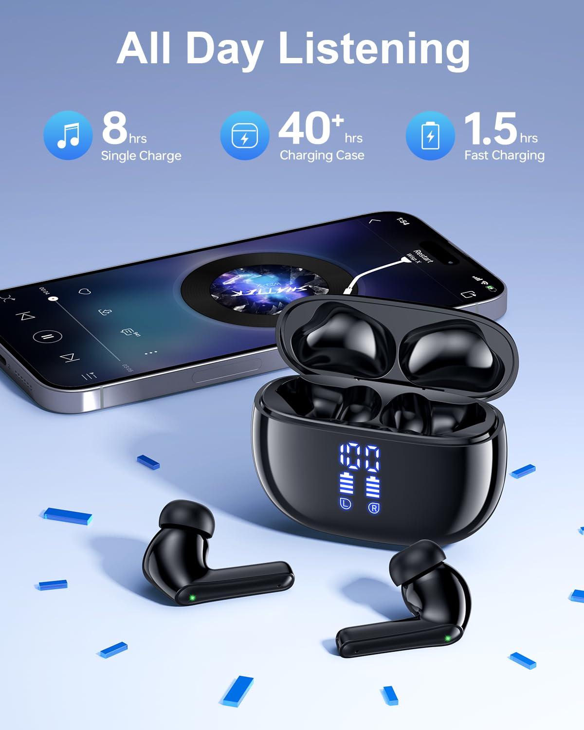 HUIFU Wireless Earbuds, Bluetooth Ear Buds Headphones, 40H Long Playtime, Stereo Deep Bass, LED Power Display, IPX7, Lightweight in Ear Earphone with Mic for iPhone Android Phone