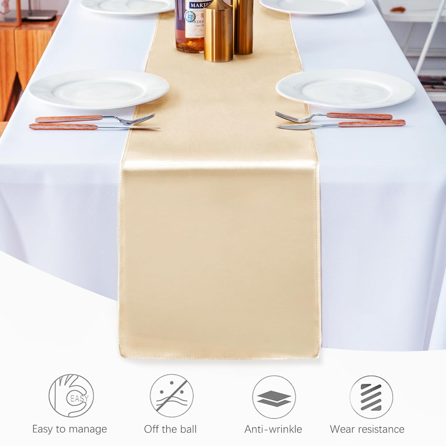 JEVIX 10 Pack Satin Table Runner 12 X 108 Inch Silk Table Runner for Party,Wedding, Birthday, Banquets,Decoration(Champagne)