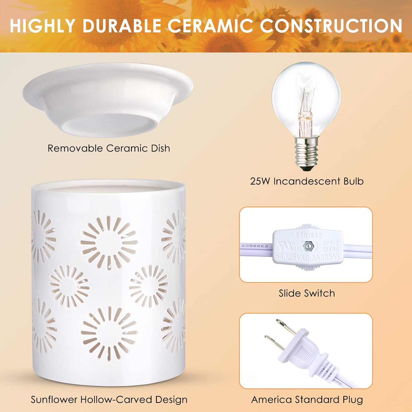 SALKING Ceramic Wax Melt Warmer, Electric Wax Warmer for Scented Wax, Candle Warmer Oil Burner with Edison Bulbs, Sunflower Fragrance Warmer Wax Cubes for Home, Bedroom, Birthday Gifts for Women