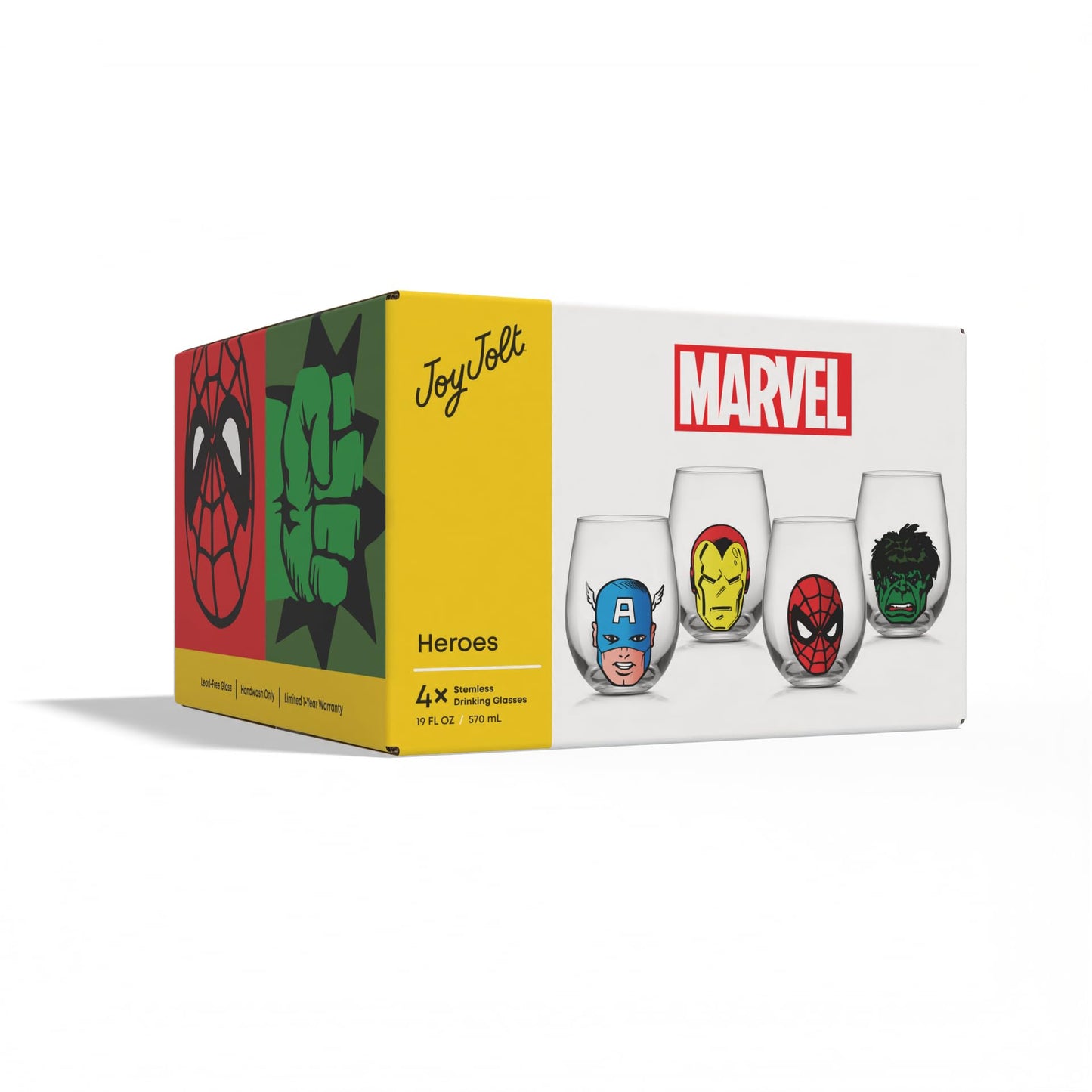 JoyJolt Marvel Heroes Stemless Drinking Glasses, 19oz Superhero Cups ft Hulk Captain America Spiderman and Iron Man, Avengers Glassware Set of 4, Marvel Gifts for Men and Women