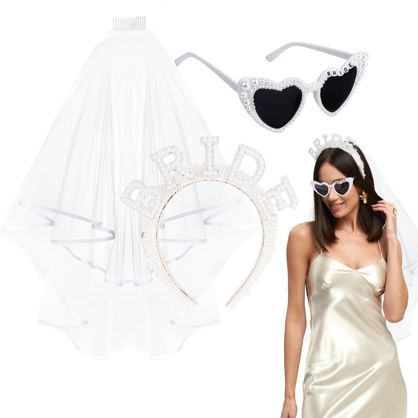 BAHABY Pearl Bride Headband with Veil + Heart Bride Sunglasses Set Bachelorette Party Decorations Bridal Shower Engagement Party Decorations