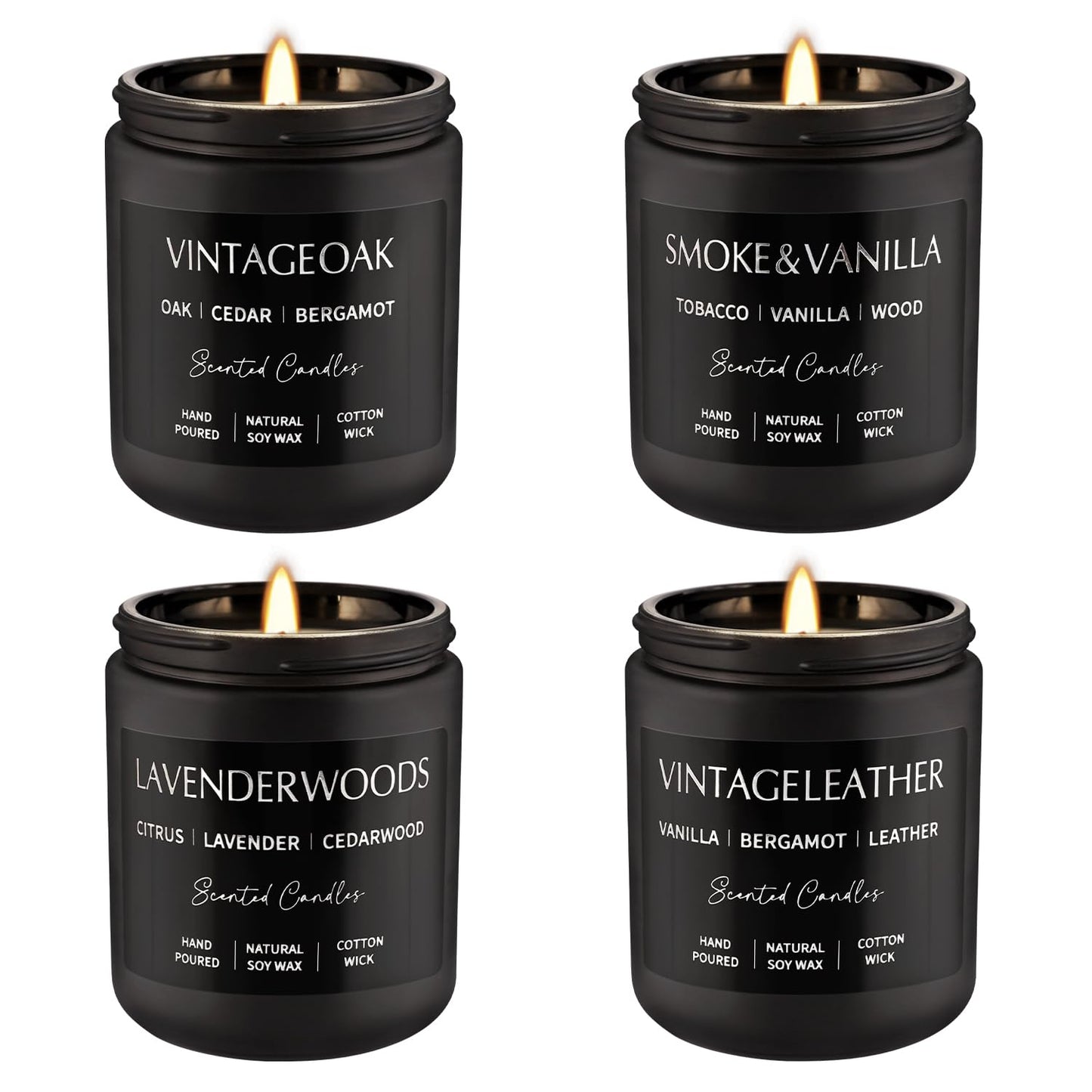 Scented Candles Gift Set - 4 Pack (7oz Each) Soy Wax Aromatherapy Candles with Essential Oils, Smokeless - Leather & Smoke, Vanilla Oakmoss, Lavender - Relaxing Fragrance for Home, Office, Yoga