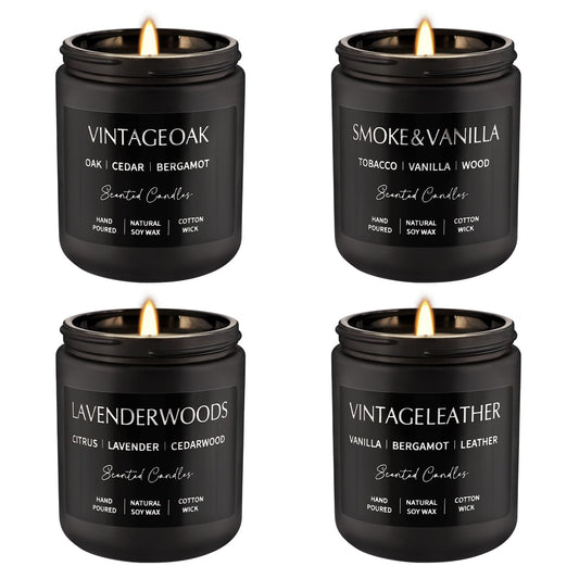 Scented Candles Gift Set - 4 Pack (7oz Each) Soy Wax Aromatherapy Candles with Essential Oils, Smokeless - Leather & Smoke, Vanilla Oakmoss, Lavender - Relaxing Fragrance for Home, Office, Yoga