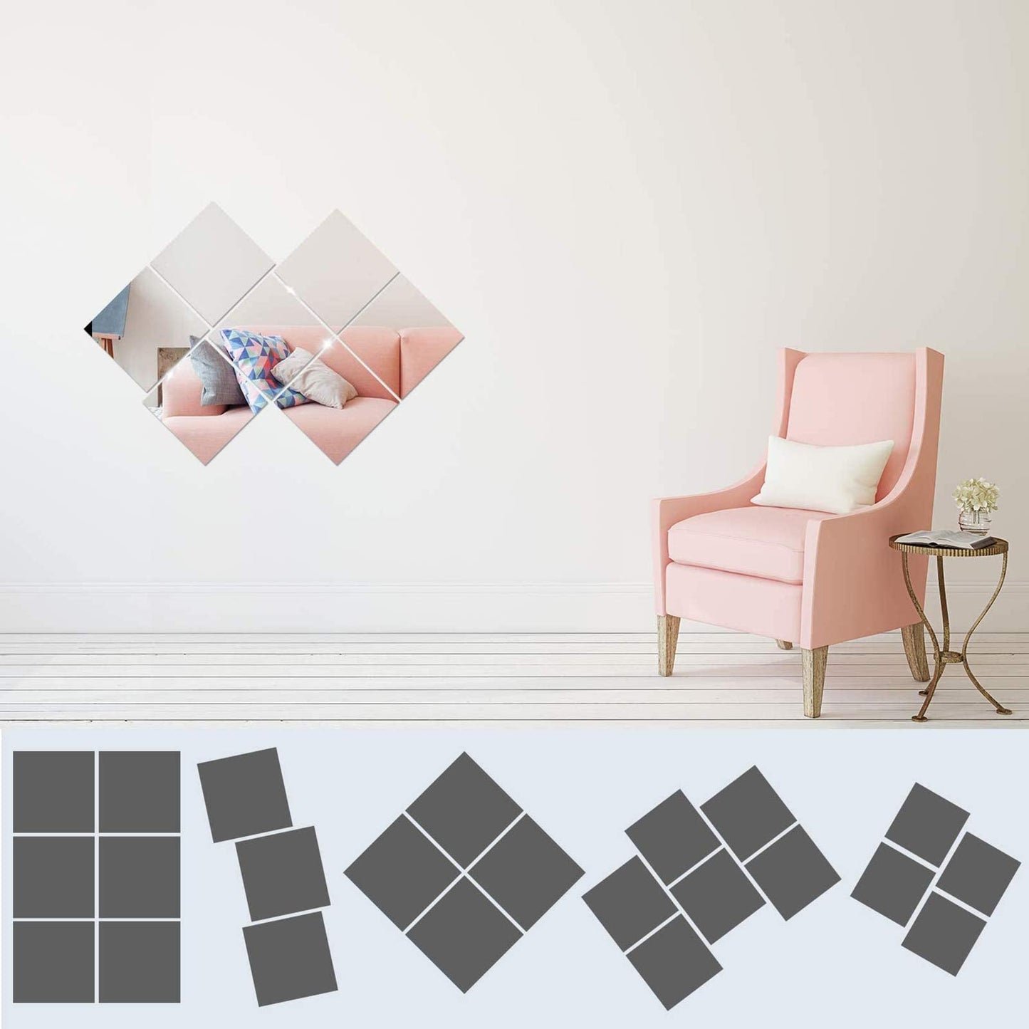 BBTO 10 Pieces Self Adhesive Mirror Stickers 12 x 12 Inch Flexible Cut to Size Mirror Sheets Wall Frameless Small Sheets for Home Living Room Wall Decor