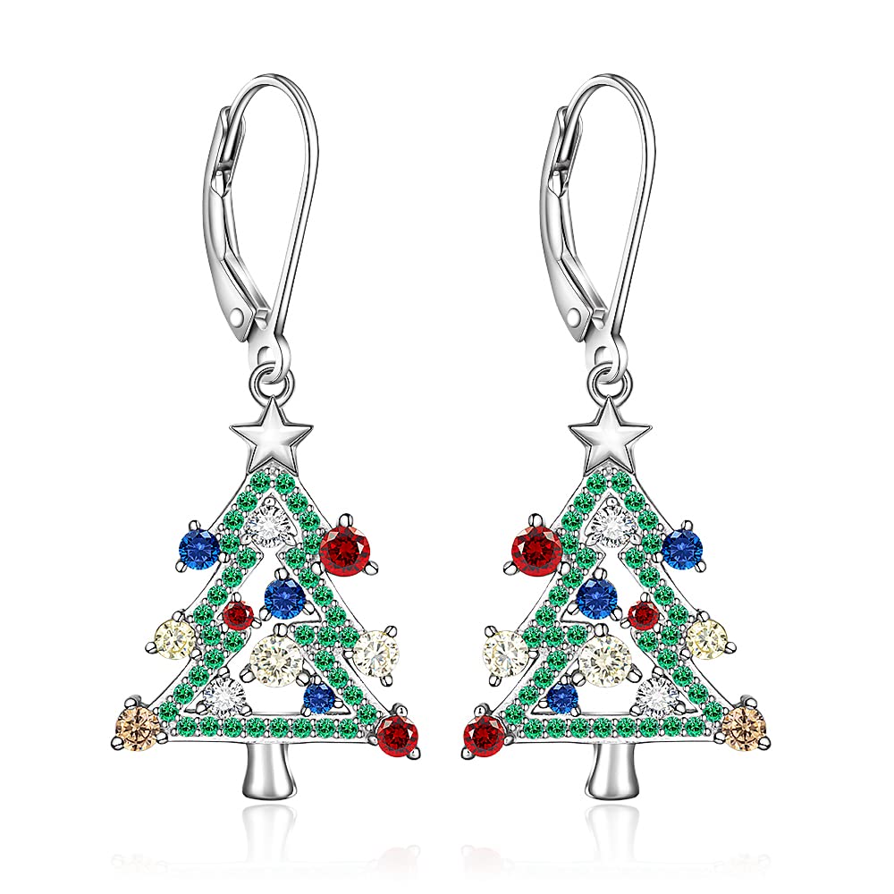 Sterling Silver Christmas Tree Earrings Leverback Dangle Drop Earrings for Women Holiday X-mas Christmas Tree Jewelry