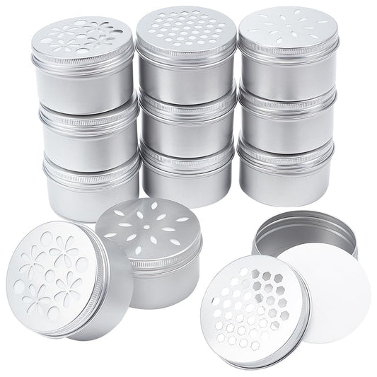 PH PandaHall 12pcs Aluminium Tins, 3 Style 4 Ounce Round Empty Metal Tins with Hollow Lids Refillable Spice Containers for Aromatherapy Air Freshener Candles Travel Storage, 2.7x1.6inch