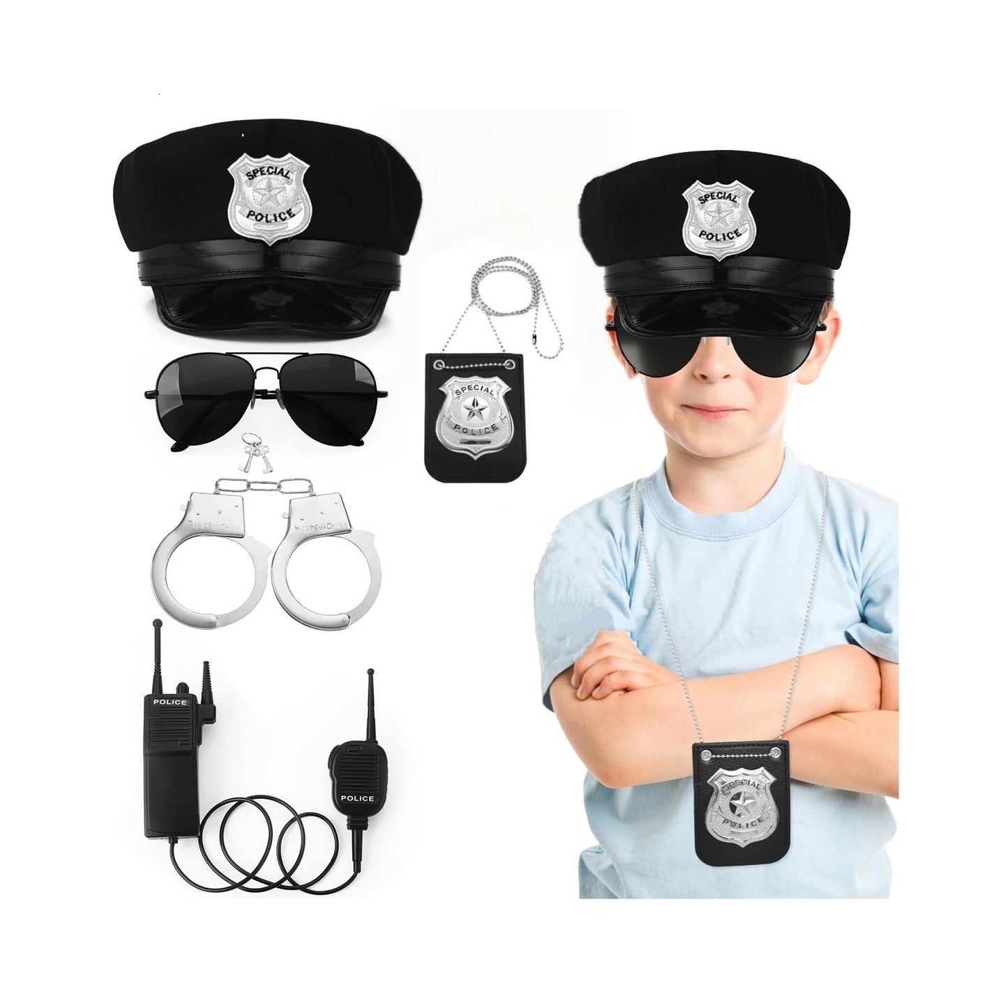 Fleursun Police Costume Accessories Police Officer Costume Adjustable Police Hat for Adult Boys Girls Theater Dress Up Theme Party (Set-C)