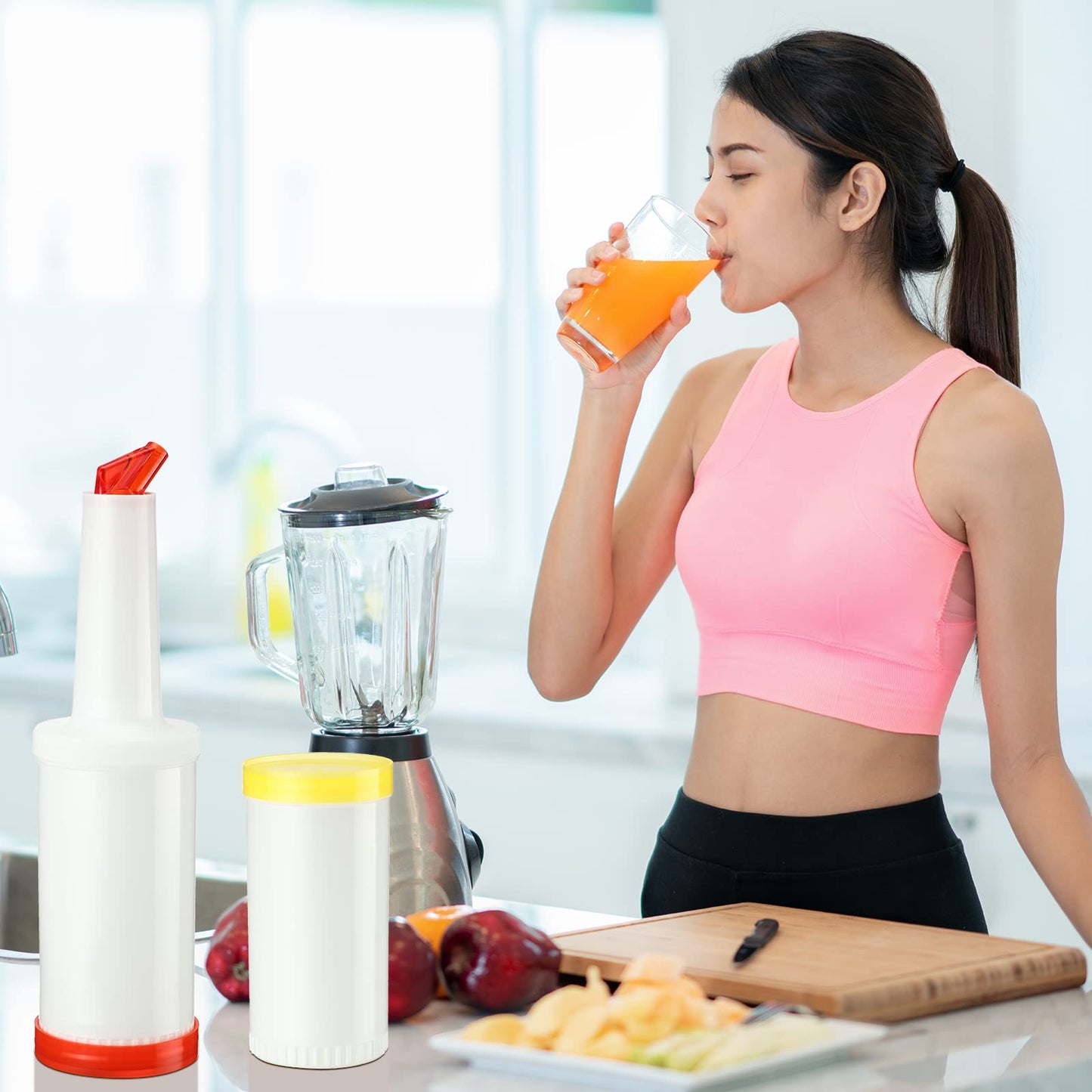 CHENGU 6 Pcs Bar Pour Colorful Juice Pouring Bottle Containers 34 oz Plastic Juice Dispensers for Bar Home Party Kitchen Supplies (White,Orange,Red,Yellow,Blue,Green)