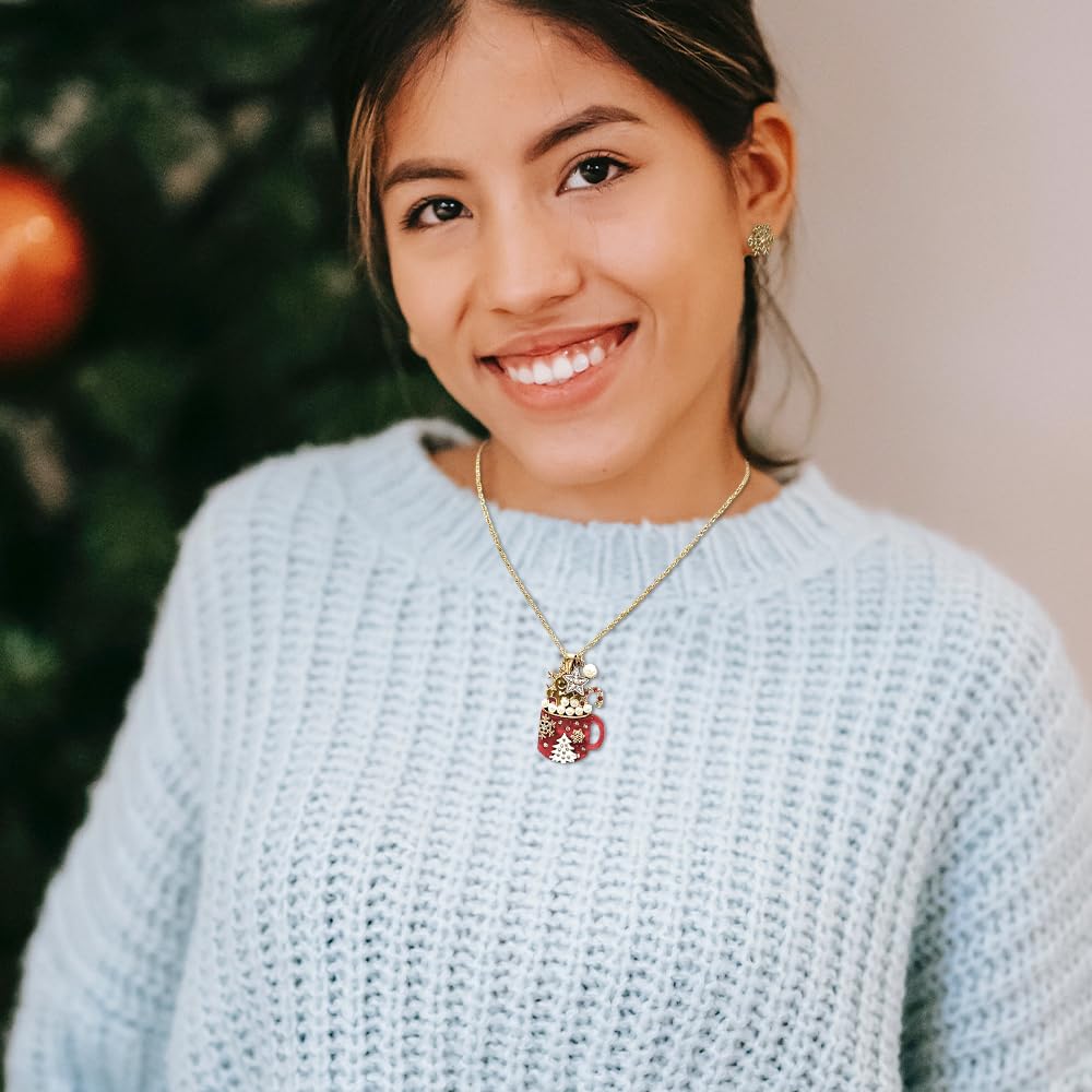 Madison Tyler Mug Christmas Pendant Necklace Set for Women | Statement Christmas Candy Cane Gingerbread Pearl Acrylic Glass | Gold Snowflake Earrings | Xmas Holiday Necklaces