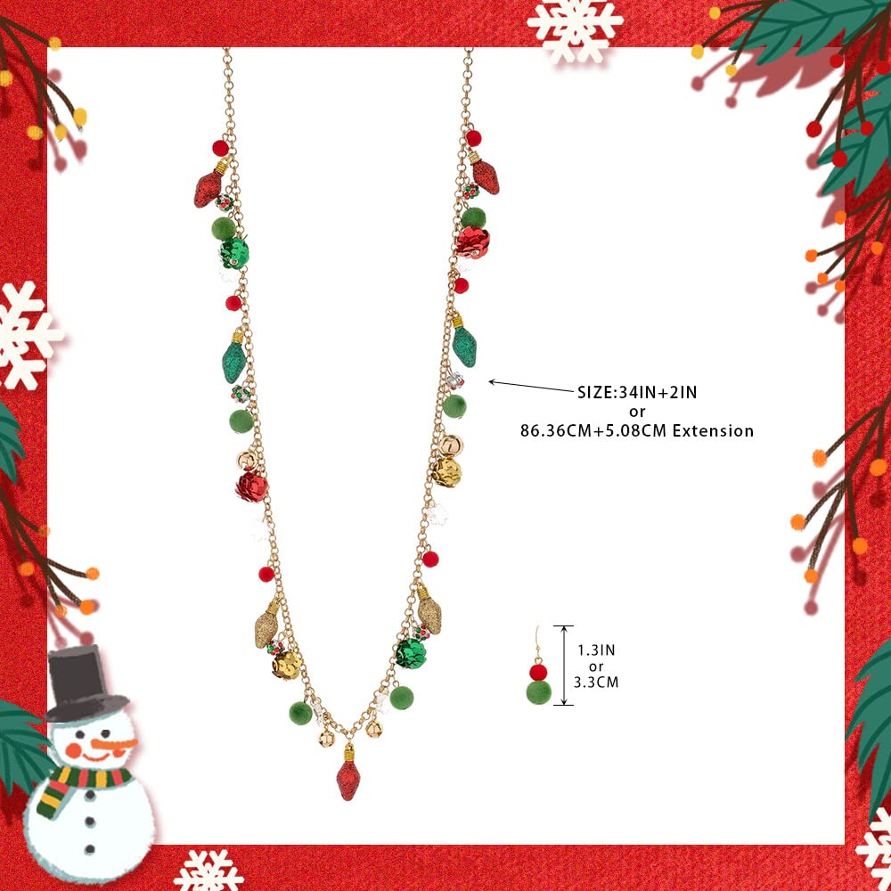 Madison Tyler Christmas Necklace Jewelry Set for Women | Statement Christmas Jingle Bells Light Bulbs Necklace | Dangle Ball Earrings | Xmas Holiday Necklaces Gifts