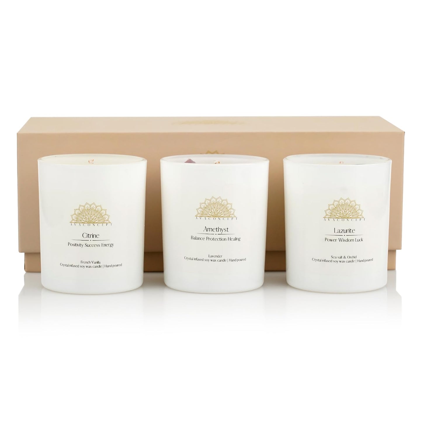 AVA CONCEPT Soy Candles with Healing Crystals. Amethyst, Lazurite, Citrine Crystal. Lavender, Sea Salt & Orchid, French Vanilla. Positivity Energy Gift for Women, 3PC Scented Candle Set 3.5 oz Each