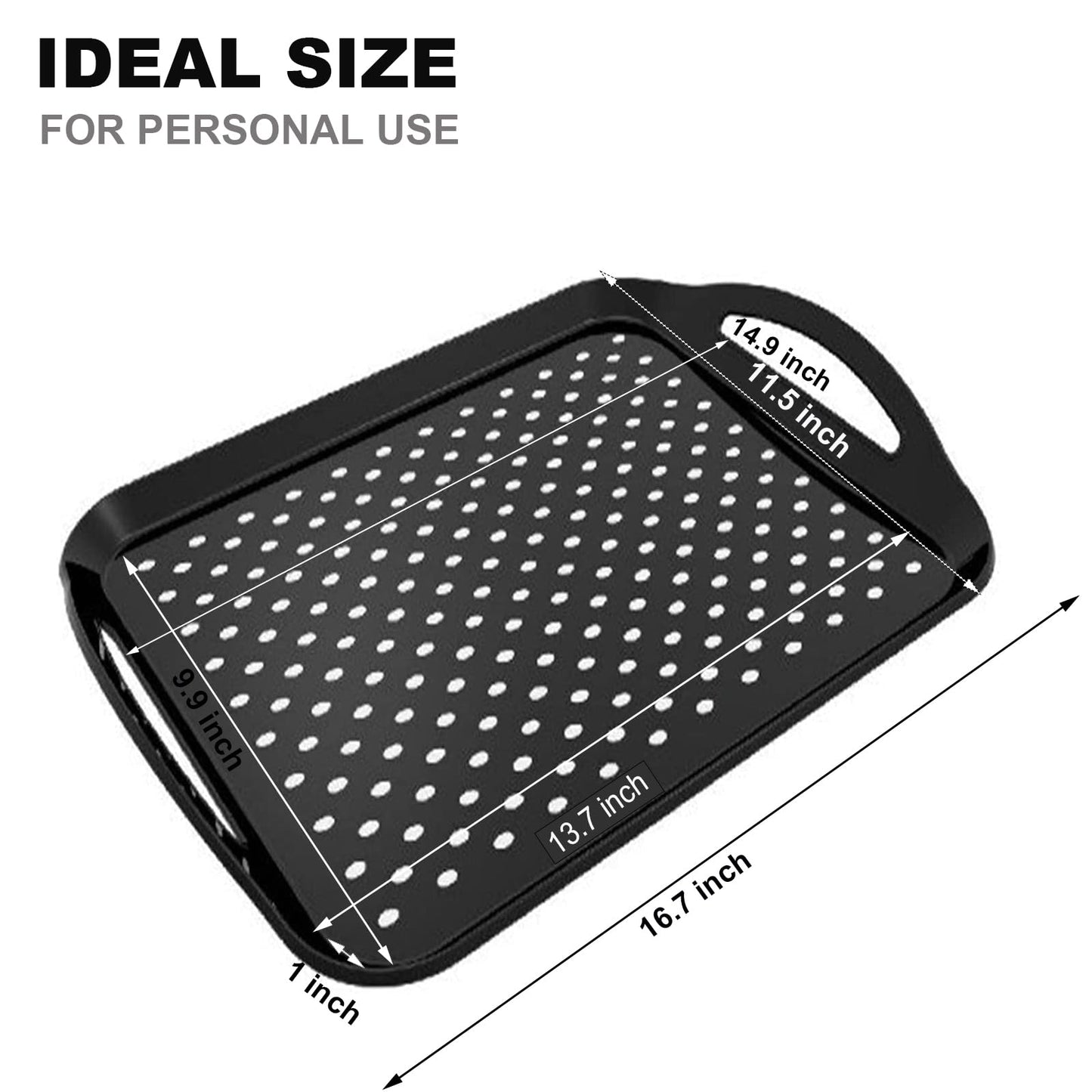 ECOIOU Non Slip Food Serving Tray with Handles, 2-Pack Rectangle Anti-Slip Non-Toxic Dishwasher Safe Tray for Snack Fruit Dessert Breakfast Drink (Black)